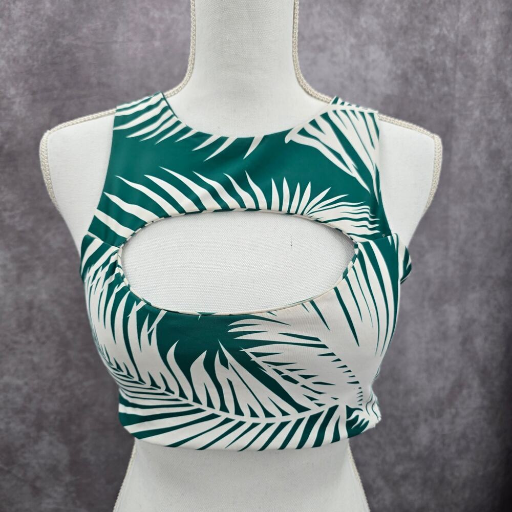 Green White Tropical‎ Leaf Cutout Padded Bikini Top Swimwear Medium